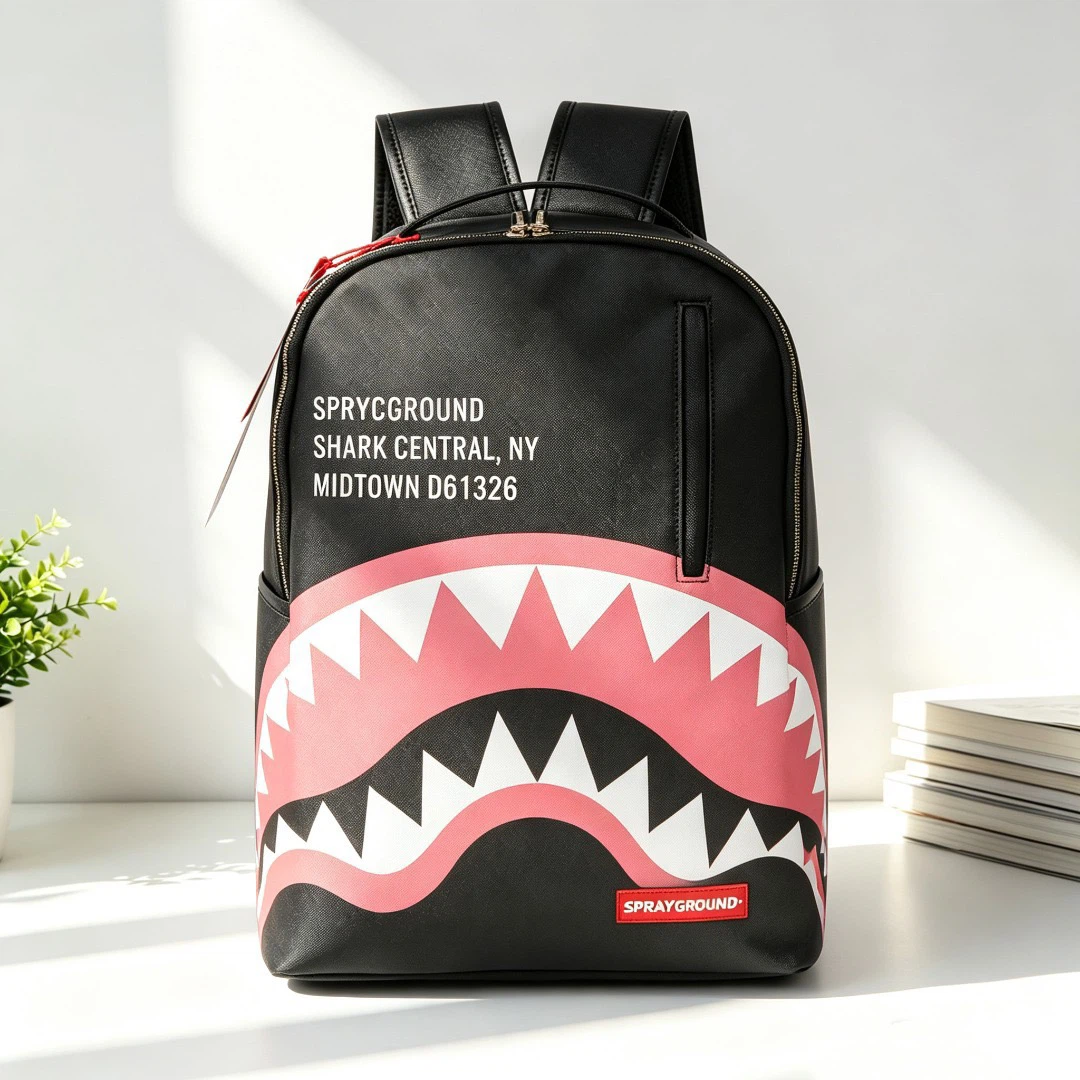 Sprayground Pink Shark Mouth Letter Print Backpack Waterproof Street Laptop School Travel Bag