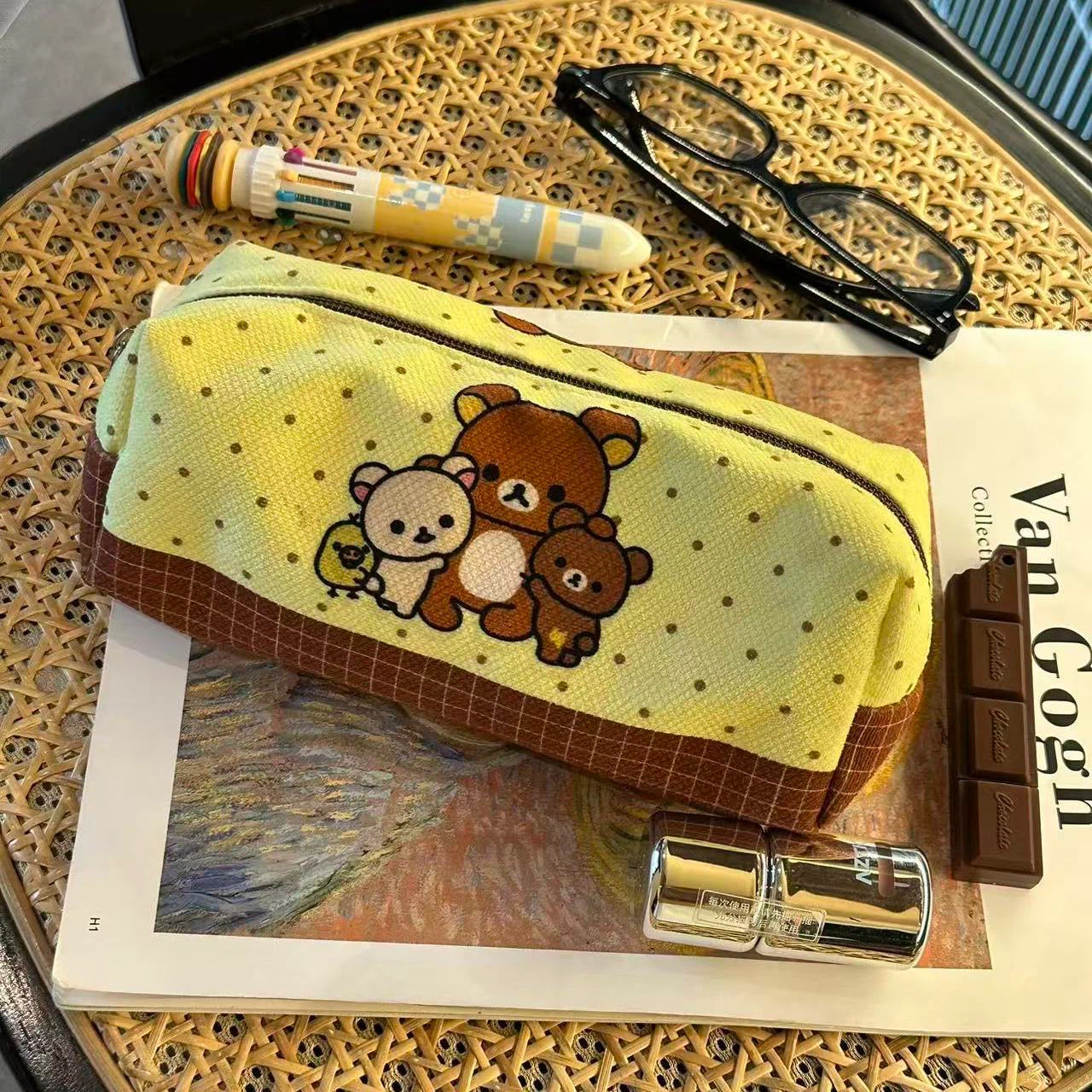 Kawaii Rilakkuma Dot Print Pencil Case, Canvas Cartoon Bear Family Large‑Capacity Pen Pouch for Girls