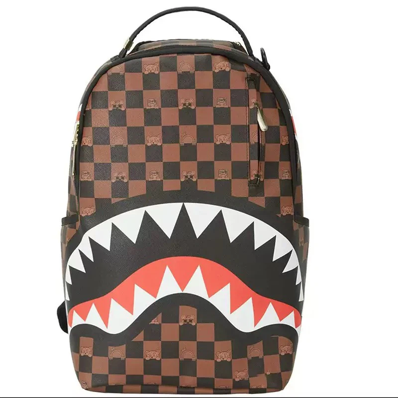 Sprayground Brown Checkerboard Mini Bear Shark Backpack All‑Over Print Waterproof Laptop School Travel Bag