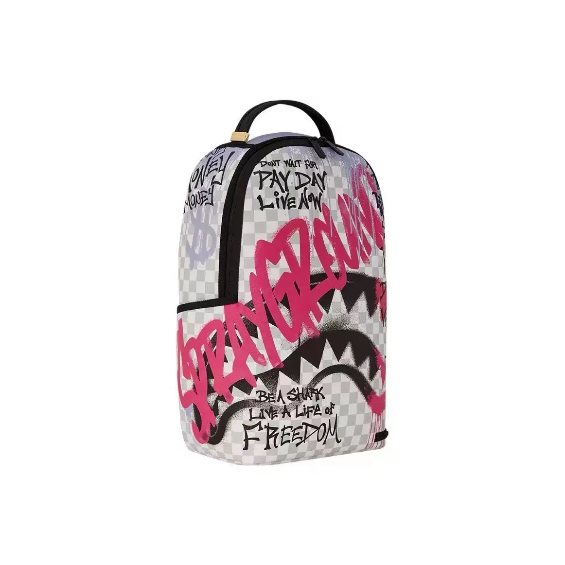 Sprayground Graffiti Slogan Shark Backpack Pink Black Drip Print Waterproof Laptop School Travel Bag