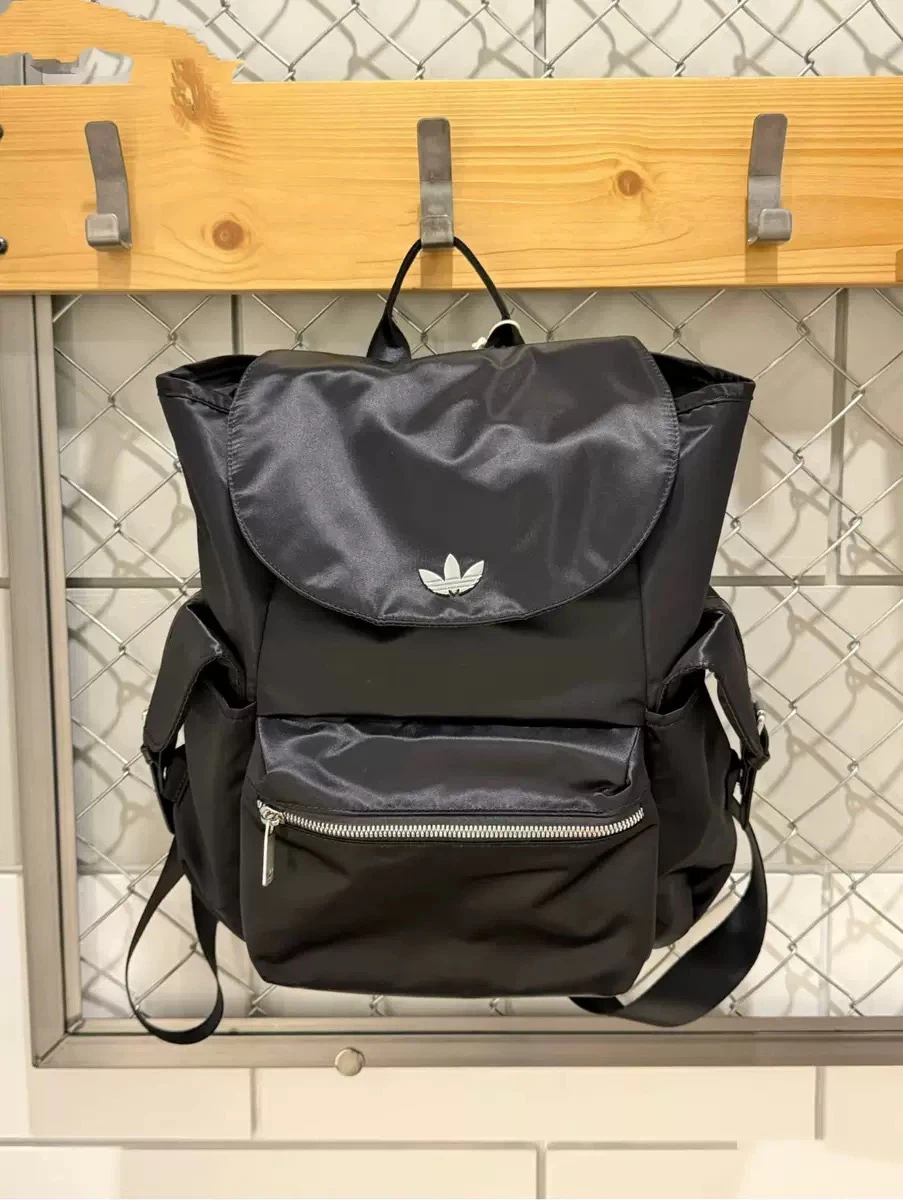Black Satin Flip‑Cover Women Backpack Metal Logo Multi‑Pocket Travel School Daypack