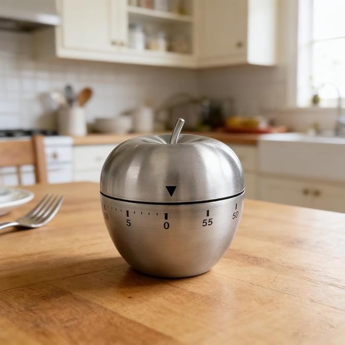 Mechanical Kitchen Timer 60 Minutes, Apple-Shaped Wind Up Timer (No Batteries), Manual Analog Cooking Timer with Loud Ring for Baking, Eggs, and Meal Prep, Silver