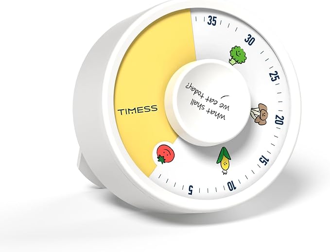 60-Minute Visual Timer, Twist to Set, Loud Battery-Powered Alarm, Easy Manual Rotary Countdown Dial for Kitchen Cooking, Baking, Meal Prep & Home Use (White Food Icons)