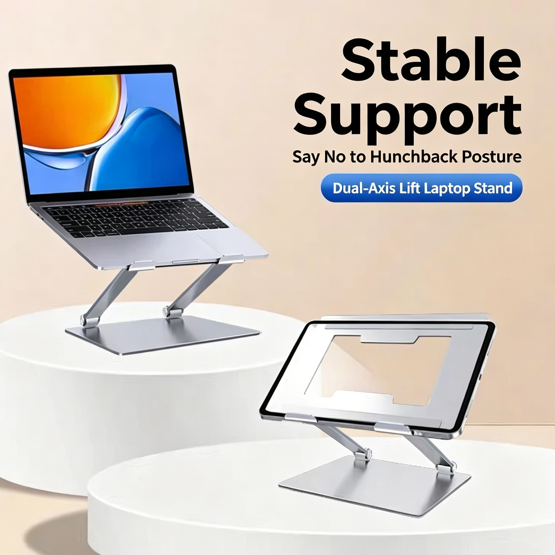 Dual‑Shaft Adjustable Aluminum Laptop Riser Stand, Supports Laptop & Tablet