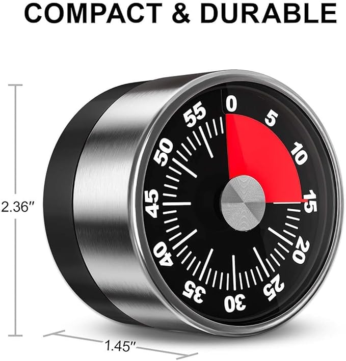 Kitchen Magnetic Visual Cooking Mechanical Timer with Loud Alarm, No Batteries Required, Stainless Steel, Countdown 60 Minute Wind Up Timer for Study, Chef, Teacher, Office (Black)