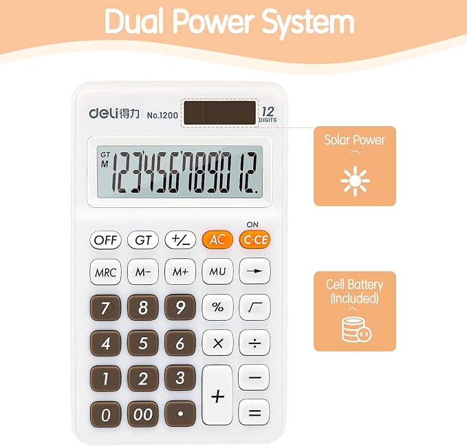 Deli Standard Function Basic Calculator, 12 Digit Desktop Calculator with Large LCD Display, Solar Battery Dual Power Office Calculators, White