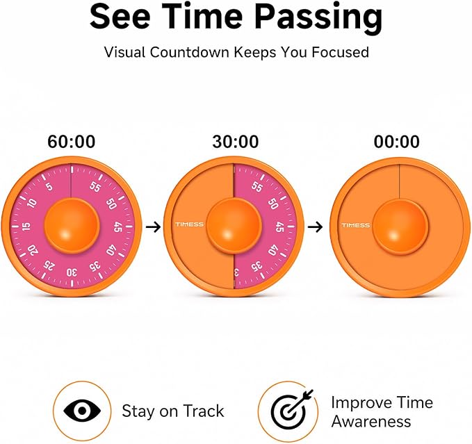60-Minute Visual Timer, Twist to Set, Loud Battery-Powered Alarm, High-Visibility Rotary Countdown Dial for Kitchen, Work, Study & Time Management (Orange)