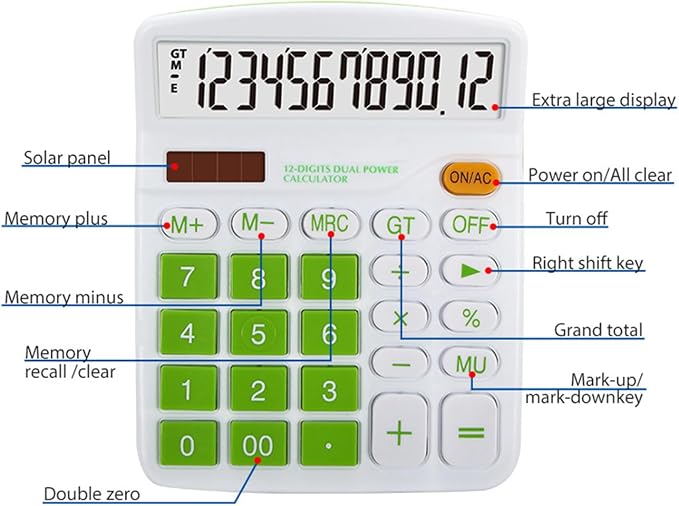 Calculator 12 Digit Display Solar Battery Dual Power Financial Dedicated Large Standard Function Desktop Business Calculator Multifunctional Calculating Machine KA08 Black