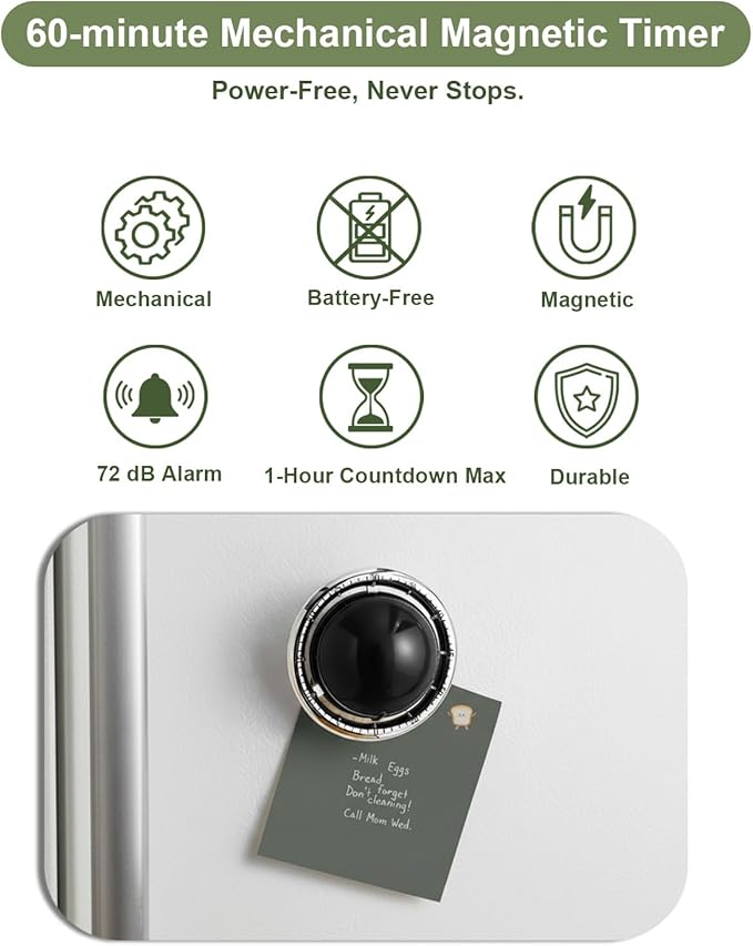 Kitchen Timer, 60-Minute Mechanical Timer with Magnetic Back - No Batteries Required - Loud Alarm, Wind Up Manual Time Countdown Reminder for Cooking, Baking, Exercise, Study, Working, Gaming, Black