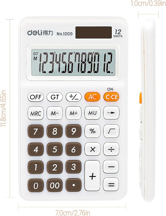 Deli Standard Function Basic Calculator, 12 Digit Desktop Calculator with Large LCD Display, Solar Battery Dual Power Office Calculators, White