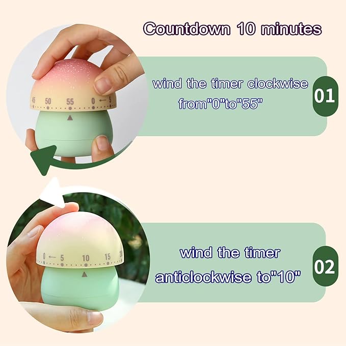Mechanical Kitchen Timer, Cute Mushroom Timer for Kids, Wind Up 60 Minute Manual Countdown Timer for Classroom, Home, Study and Cooking (Beige Base)