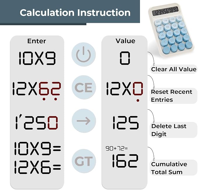 Y YOMA 1 Pack Mechanical Switch Calculator with 10 Digit Large LCD Display Big Button, Mini Cute Desktop Calculator 4 Function Basic Calculators for School Home Office Business, Lake Blue