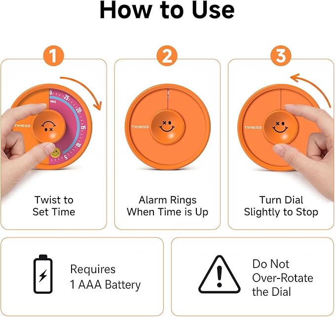 60-Minute Visual Timer, Twist to Set, Loud Battery-Powered Alarm, Bright Rotary Countdown Dial for Focus, Study, Classroom, Office & Home (Orange Smile)