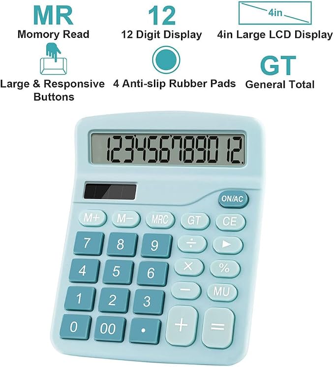 Desk Calculator for Home Office School, Desktop Calculators with Large 12-Digit Display for Kids Seniors Adults, Compact Basic Calculator for Daily Calculation (Blue)