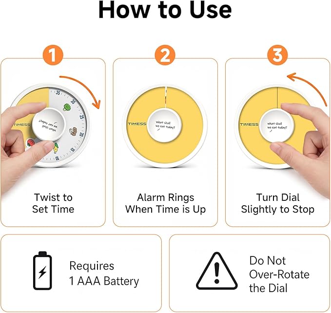 60-Minute Visual Timer, Twist to Set, Loud Battery-Powered Alarm, Easy Manual Rotary Countdown Dial for Kitchen Cooking, Baking, Meal Prep & Home Use (White Food Icons)