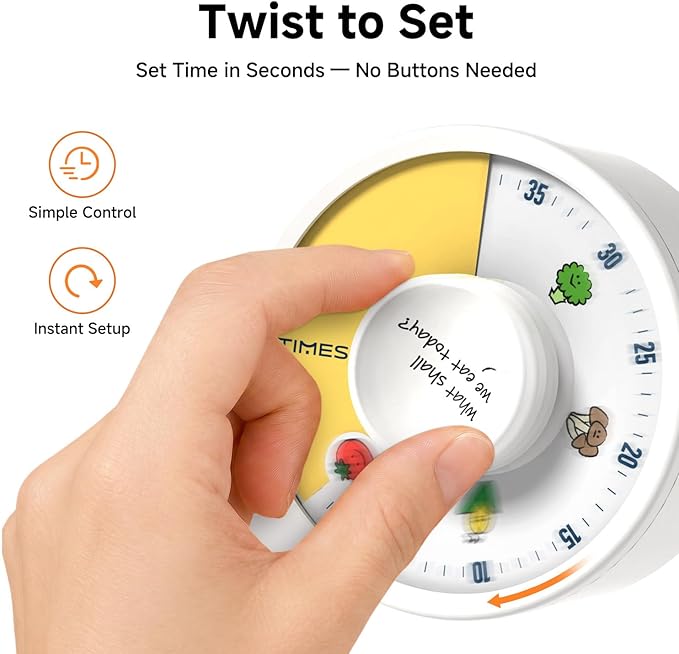 60-Minute Visual Timer, Twist to Set, Loud Battery-Powered Alarm, Easy Manual Rotary Countdown Dial for Kitchen Cooking, Baking, Meal Prep & Home Use (White Food Icons)