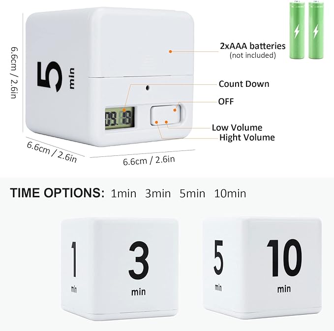 Feilifan Cube Timer, Productivity Cube Rotating Timer for Kitchen Studying Workout Classroom Kids ADHD 1-3-5-10 Minute Preset, White