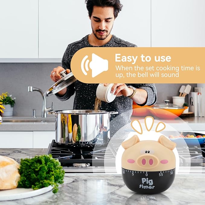 Cute Kitchen Timer, Piggy Wind up Timer Cooking Manual Kitchen Funny Mechanical Rotating Alarm for Kitchen Cooking Baking(Khaki)