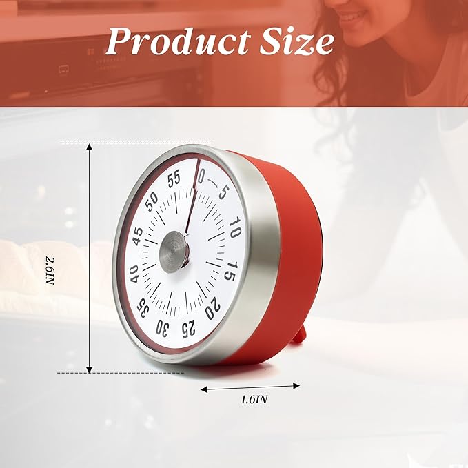Kitchen Timer for Cooking,Chef Cooking Timer Clock,Visual Timers,60-Minute Countdown,Magnetic Base, Mechanical Clockwork,No Batteries Required,Ringer Alert,Timers for Kitchen/Study/Work/Gym,Red
