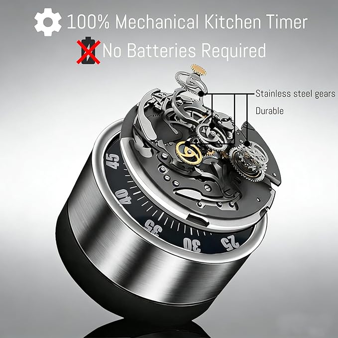 Kitchen Magnetic Visual Cooking Mechanical Timer with Loud Alarm, No Batteries Required, Stainless Steel, Countdown 60 Minute Wind Up Timer for Study, Chef, Teacher, Office (Black)