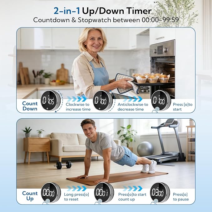12 Pack Digital Kitchen Timer - Magnetic Kitchen Timer Visual timers Large LED Display Countup Timer 3 Volumes, 2 Brightness LevelsExtensively Use in Break Time, Cooking,Gym, Meeting, Classroom（Black）