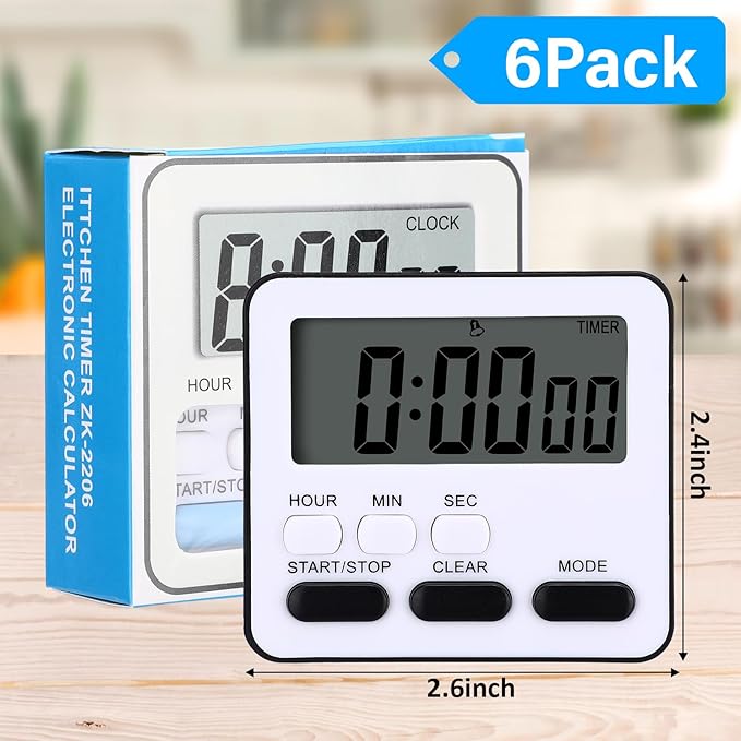 Leumoi 6 Pcs Digital Kitchen Timer 24 Hour Clock and Alarm Function Timer On/Off Switch Minute Second Count up Countdown Loud Alarm for Exercise Cook Baking(Black and White)