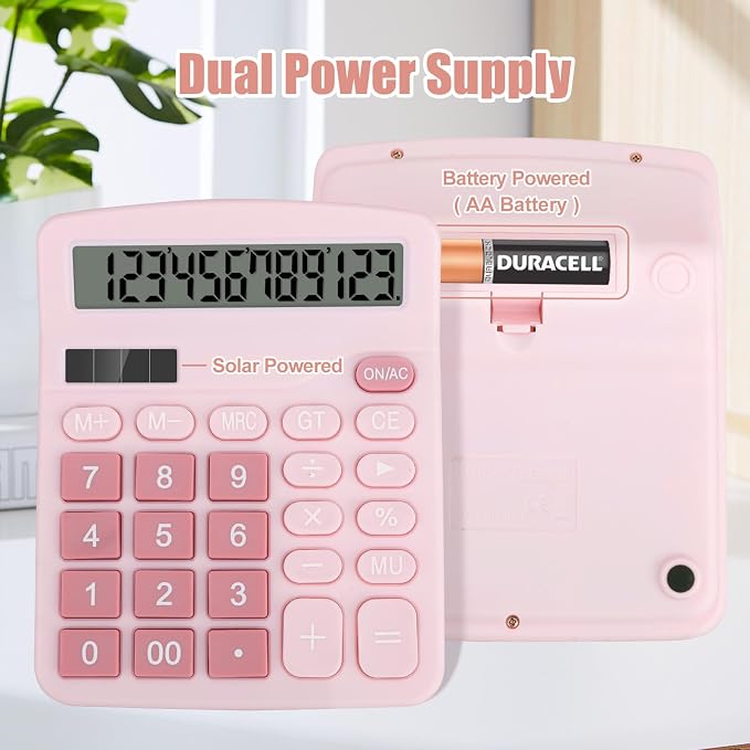 Desktop Calculator, Pink Calculator Big Buttons, 12-Digits Large LCD Display, Solar and AA Battery Dual Power, Desk Calculators for Office Home School Business Class (Pink) | Large LCD Display, Solar and AA Battery Dual Power, Desk Calculators for Offi...