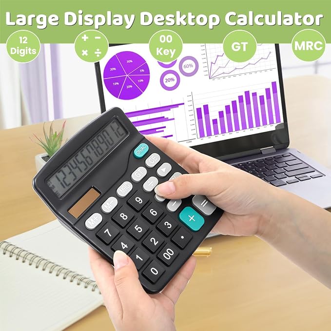Noamus 8 Pack Desktop Calculator 12 Digit, Solar Battery Basic Calculators, Dual Power Electronic Calculators with Large LCD Display, Sensitive Button Handheld Calculator for Office Home School, Black