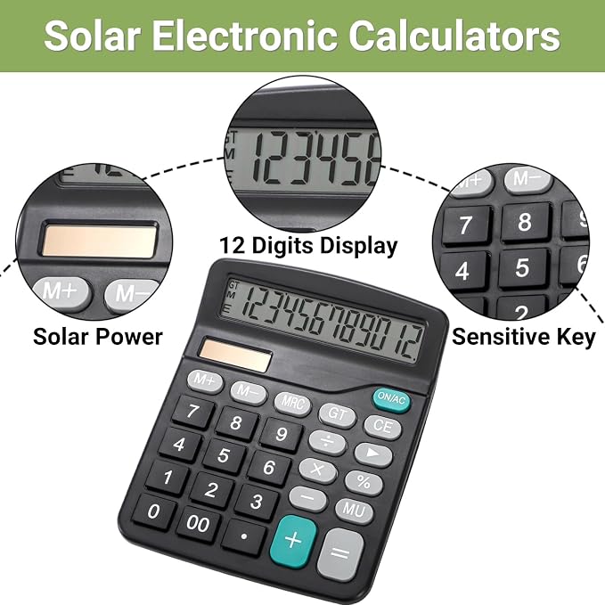 Noamus 8 Pack Desktop Calculator 12 Digit, Solar Battery Basic Calculators, Dual Power Electronic Calculators with Large LCD Display, Sensitive Button Handheld Calculator for Office Home School, Black