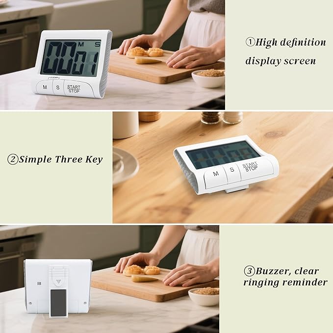 Large LCD Display Kitchen Timer -Magnetic Digital Timers,Loud Alarm,Memory and Fast Forward Function,Cooking Timers for Kitchen,Gym, Meeting, Classroom,Study,Work,Outdoor Activities(White)