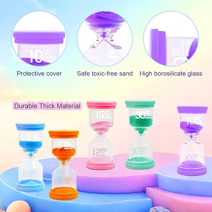 Sand Timer Set 3/5/10/15/30 Minutes with Inspirational Sticker Sheet, Colorful Decorative Hourglass for Home Office Kitchen Time Management, Decorative Sand Clock