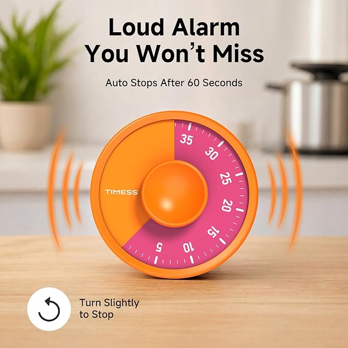 60-Minute Visual Timer, Twist to Set, Loud Battery-Powered Alarm, High-Visibility Rotary Countdown Dial for Kitchen, Work, Study & Time Management (Orange)