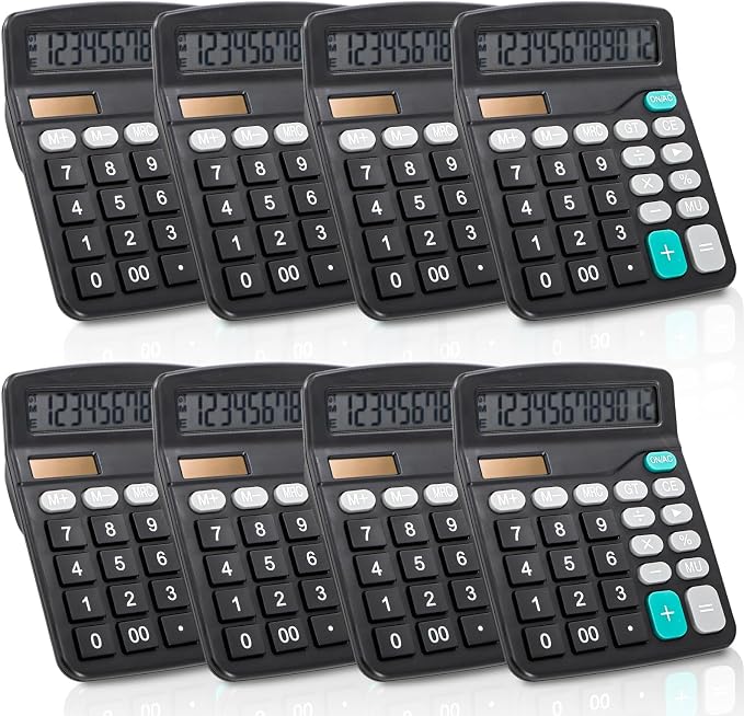 Noamus 8 Pack Desktop Calculator 12 Digit, Solar Battery Basic Calculators, Dual Power Electronic Calculators with Large LCD Display, Sensitive Button Handheld Calculator for Office Home School, Black