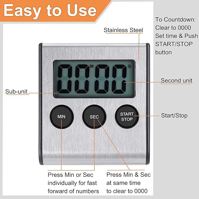 4 Pack Digital Kitchen Timer Magnet, Stainless Steel Cooking Timers with Alarm. Magnetic Countdown Timer for Kitchen Cooking, Baking,Sports Games (AAA Battery Included)