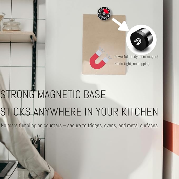 Kitchen Magnetic Visual Cooking Mechanical Timer with Loud Alarm, No Batteries Required, Stainless Steel, Countdown 60 Minute Wind Up Timer for Study, Chef, Teacher, Office (Black)