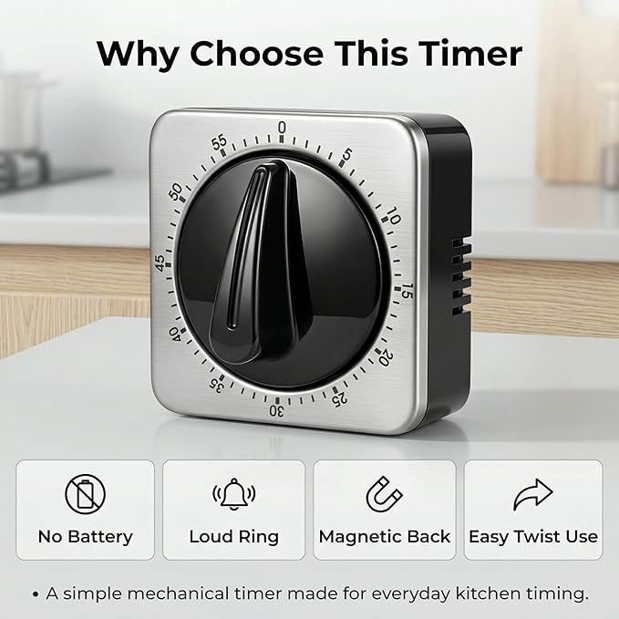 Searon Kitchen Timers for Cooking, Mechanical Wind Up Timer with Loud Ring, Magnetic Back, No Battery Needed, Stainless Steel Countdown Timer for Cooking and Baking