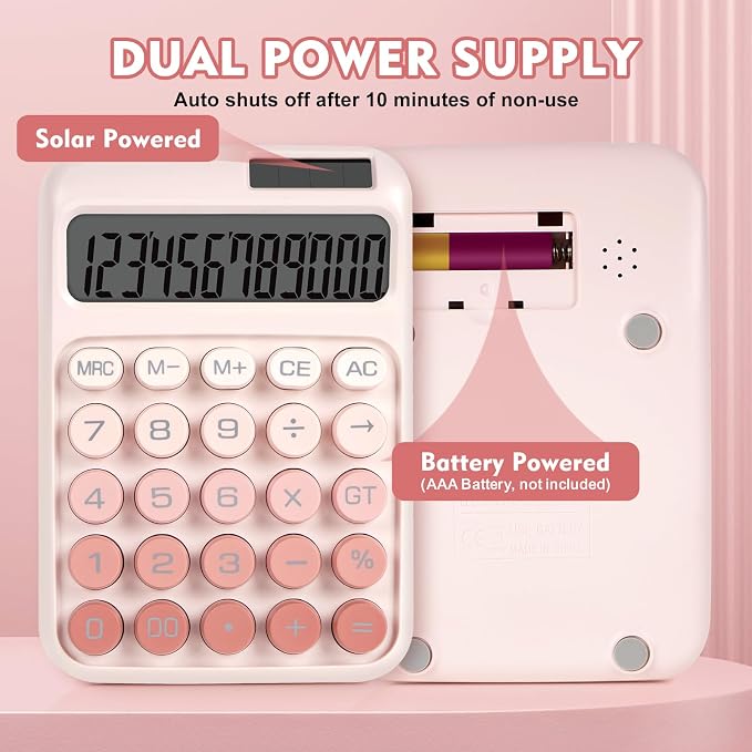 Mechanical Switch Calculator with Big Buttons, Calculators Desktop | 12 Digits, Solar Battery Power, Desk Calculator, Large LCD Display, Cute Pink Calculators for Teachers Students Basic Office