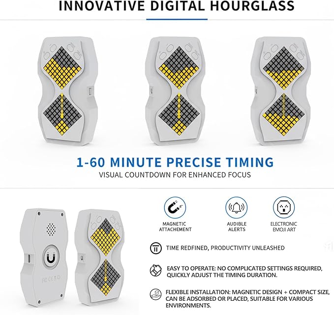 LED Visual Hourglass Timer, 1-60 Minute Countdown with Magnetic Mount, Buzzer Alert & Dimmable Night Light, Sand Timer for Kids Learning, Classroom, Cooking, Chess, Fitness & Baking（White）