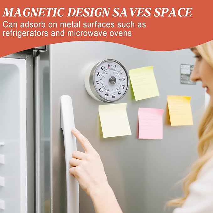 Kitchen Timer for Cooking,Chef Cooking Timer Clock,Visual Timers,60-Minute Countdown,Magnetic Base, Mechanical Clockwork,No Batteries Required,Ringer Alert,Timers for Kitchen/Study/Work/Gym,White
