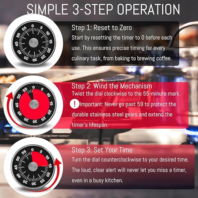Kitchen Magnetic Visual Cooking Mechanical Timer with Loud Alarm, No Batteries Required, Stainless Steel, Countdown 60 Minute Wind Up Timer for Study, Chef, Teacher, Office (Black)