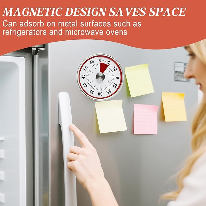 Kitchen Timer for Cooking,Chef Cooking Timer Clock,Visual Timers,60-Minute Countdown,Magnetic Base, Mechanical Clockwork,No Batteries Required,Ringer Alert,Timers for Kitchen/Study/Work/Gym,Red