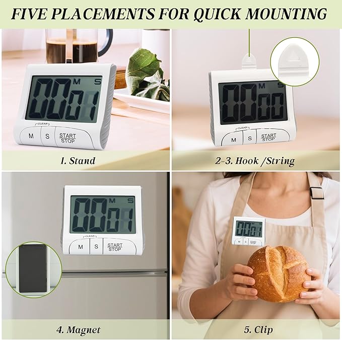 Large LCD Display Kitchen Timer -Magnetic Digital Timers,Loud Alarm,Memory and Fast Forward Function,Cooking Timers for Kitchen,Gym, Meeting, Classroom,Study,Work,Outdoor Activities(White)
