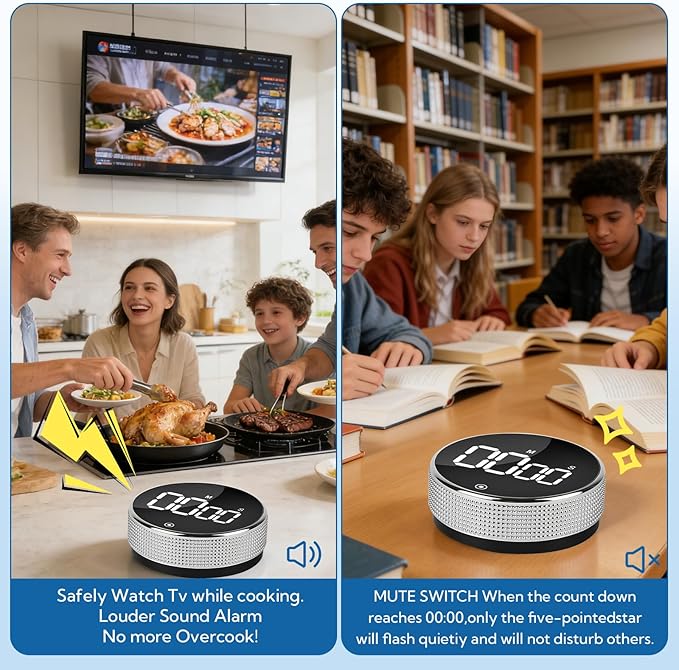 12 Pack Digital Kitchen Timer - Magnetic Kitchen Timer Visual timers Large LED Display Countup Timer 3 Volumes, 2 Brightness LevelsExtensively Use in Break Time, Cooking,Gym, Meeting, Classroom（Black）