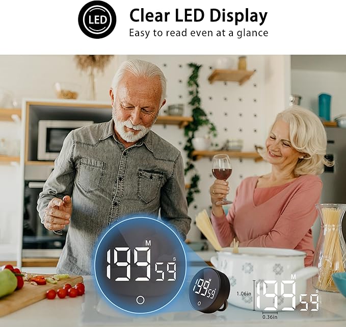 Digital Kitchen Timers, Magnetic Rotary Timer with Large LED Display, 3 Volume Levels, 0-199Min Countdown/Up, Easy Operation for Cooking, Studying, Fitness, Kids & Seniors