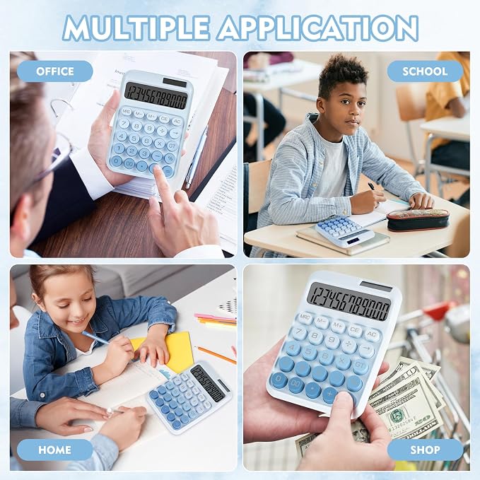 Mechanical Switch Calculator with Big Buttons, Calculators Desktop | 12 Digits, Solar Battery Power, Desk Calculator, Large LCD Display, Cute Blue Calculators for Teachers Students Basic Office