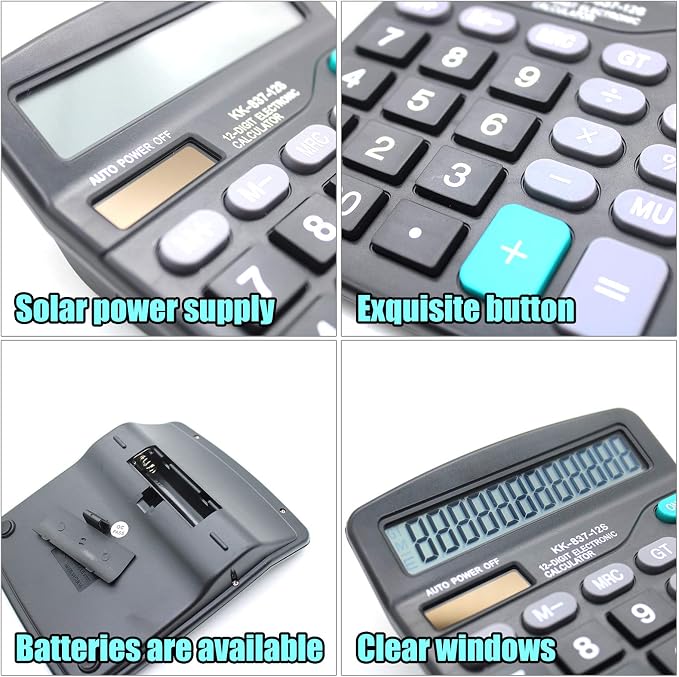 Desk Calculator, 12-Digit Solar Battery Office Calculator with Large LCD Display Big Sensitive Button, Dual Power Desktop Calculators (1)