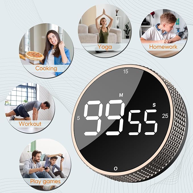 Upgrade Digital Kitchen Timer - Magnetic Countdown Countup Visual Pomodoro Timer with Large LED Display, 3-Preset Times (5, 15, 25), 3 Volume Levels, Ideal for Cooking, Baking and Fitness (2, Tarnish)