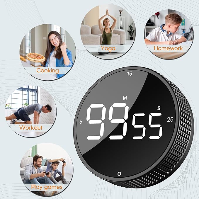Upgrade Digital Kitchen Timer - 2 Pack Magnetic Countdown Countup Visual Pomodoro Timer with Large LED Display, 3-Preset Times, 3 Volume Levels, Ideal for Cooking, Baking and Fitness (2, Black)