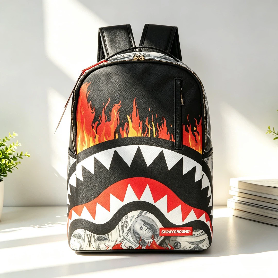 Sprayground Fire Money Shark Backpack Flame Dollar Print Waterproof Laptop School Travel Bag