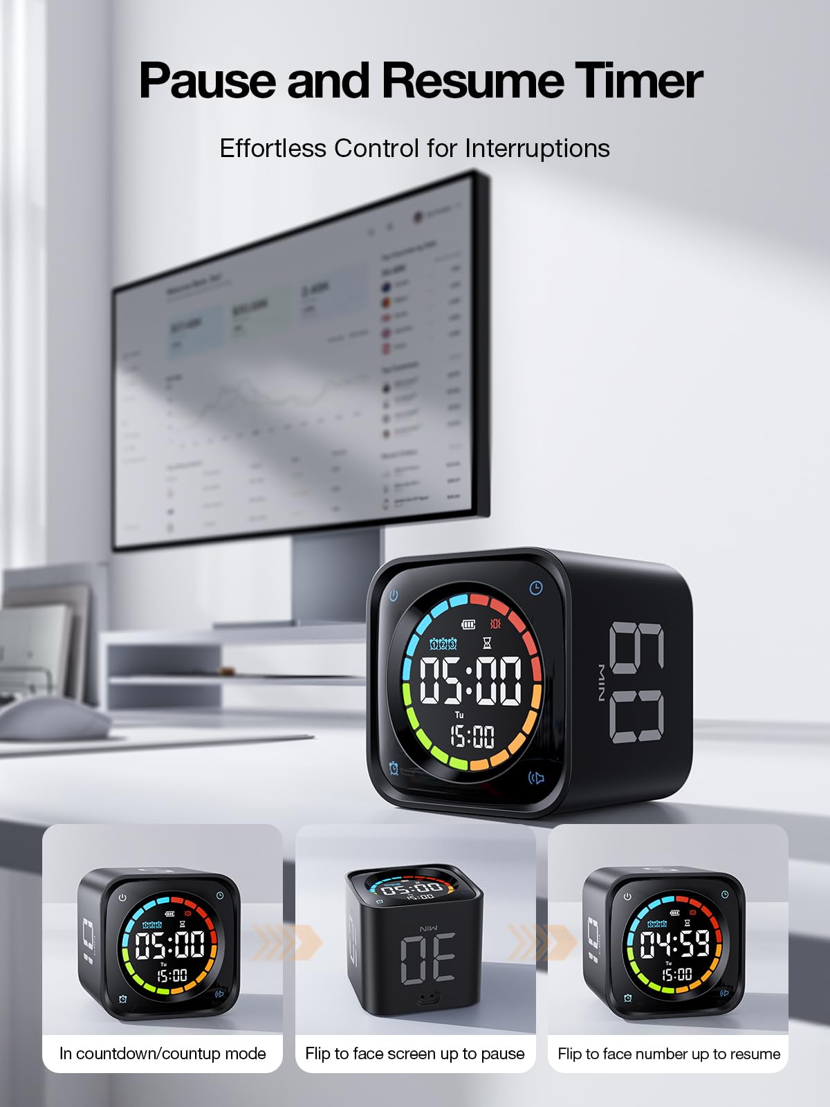 Ticktime TK3 Pomodoro Timer Cube | 25/5 Presets, Custom Countdown, 3 Alarms, Silent/Vibrate Alerts